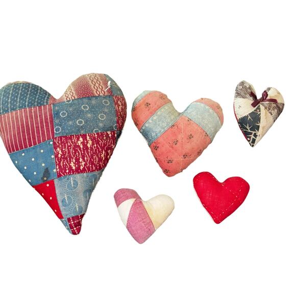 Set of Five Handmade Primitive Hearts From Quilts Country Farmhouse Decor - Picture 7 of 7